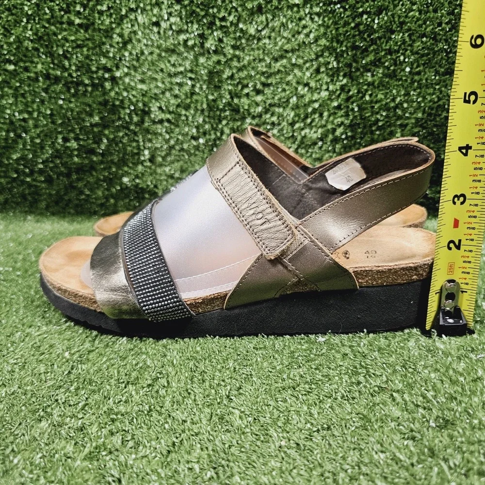 Naot Krista Gold Pewter Leather Embellished Slingback Wedge Sandals Size 40 US 9